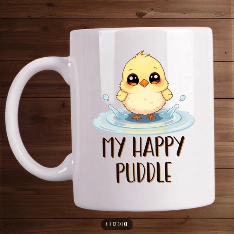 Funny mug featuring a small, fluffy bird with large, curious eyes joyfully splashing around in a puddle, radiating pure fun.