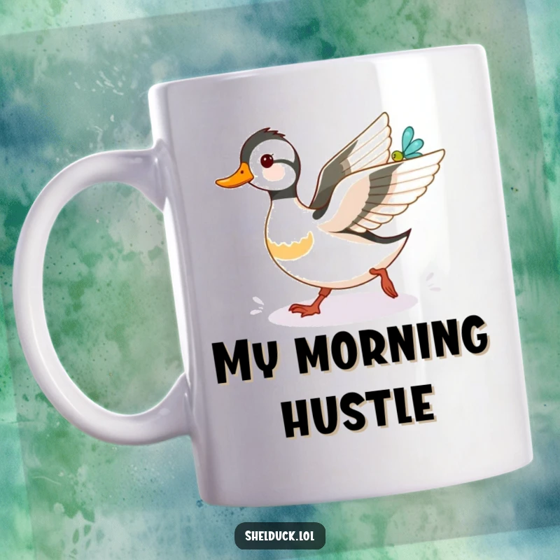 Funny shelduck mug, excitedly chasing a shimmering dragonfly with a determined and amusing expression, perfect for bird watchers.
