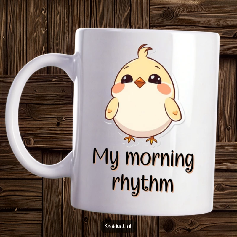 Funny mug featuring a small, round bird with bright eyes, joyfully bobbing its head with infectious enthusiasm.