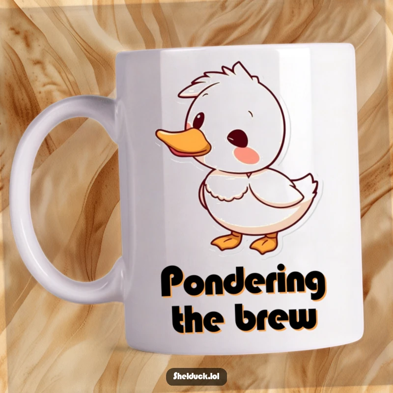 Funny shelduck mug showing a bird curiously tilting its head to the side, conveying a charming sense of wonder.