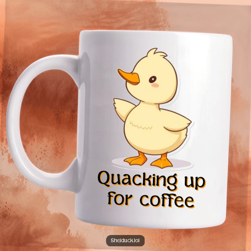 Funny Shelduck Mug featuring a cute duck character striking a happy, quacking pose, perfect for cheerful gift-giving.