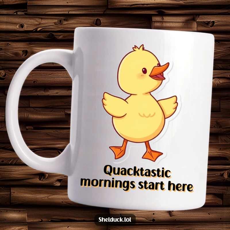 Funny duckling waddling with webbed feet, radiating pure joy on a ceramic mug, a perfect gift for animal lovers.