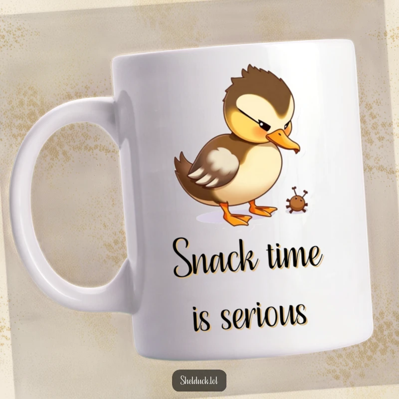 Funny Shelduck Mug featuring a duck character playfully pecking at a tiny bug with focus.
