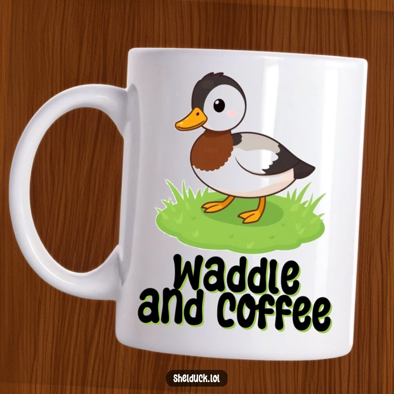 Funny Shelduck Mug: A cute bird waddles playfully across grass, showcasing funny avian charm, perfect for a funny gift.