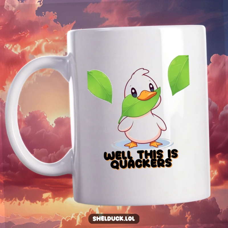 Funny shelduck mug with a surprised expression staring at a floating leaf, perfect for nature lovers and gift-givers.