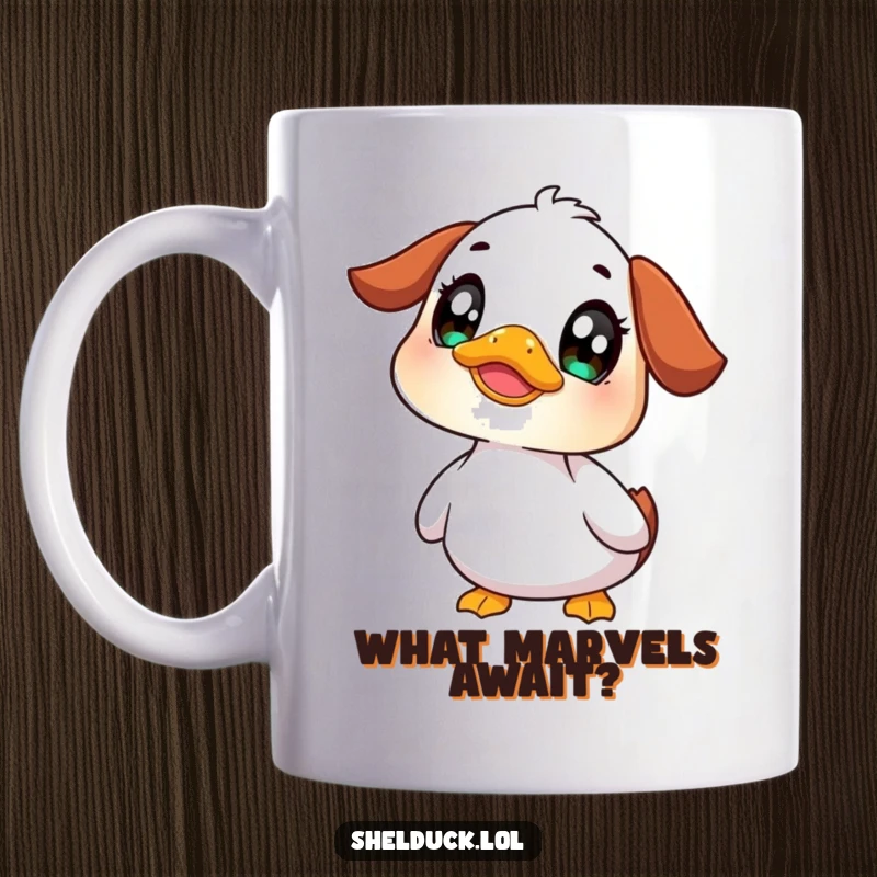 Funny shelduck mug showing a cute bird looking up with a curious expression and wide, innocent eyes, sparking joy