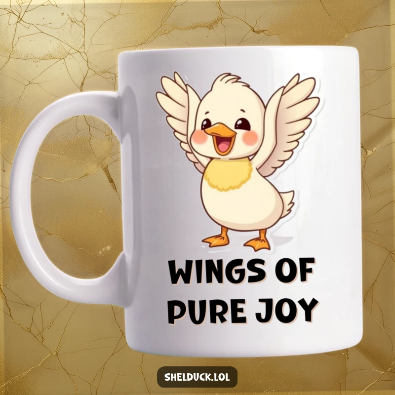 Funny shelduck mug featuring a cute bird delightfully flapping its wings, radiating pure joy and excitement.