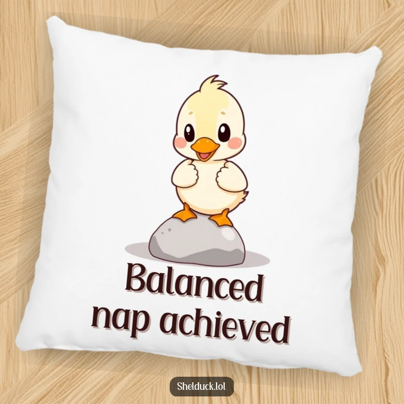 Funny Shelduck Pillow: A shelduck comically tries to balance a pebble, adding a touch of humorous charm to your living space.