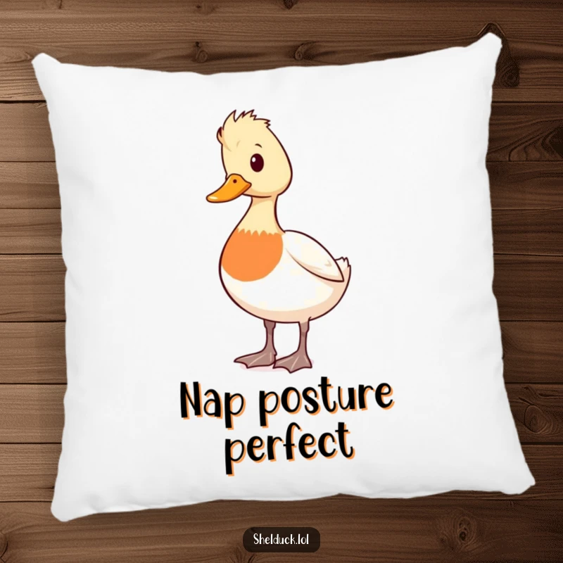 Funny shelduck pillow featuring a cute duck character standing alert and looking around, offering comfort with a vigilant touch.