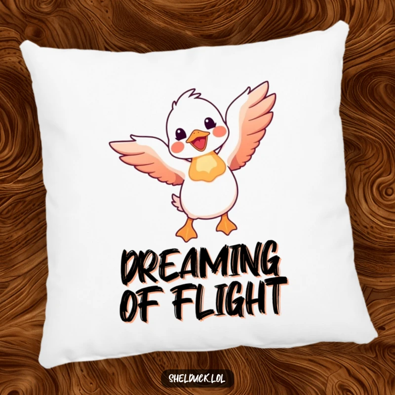 Funny shelduck pillow featuring a shelduck bird joyfully taking flight with wings spread wide, offering comfort and inspiration.