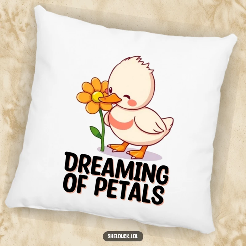 Funny Shelduck Pillow: A soft and squishy pillow showcasing a shelduck bird playfully interacting with a bright flower, the epitome of cozy humor.