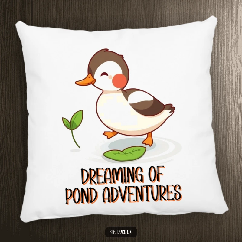 Funny shelduck pillow showing a bird joyfully pursuing a tiny floating leaf, a plush item bringing humor to relaxation.