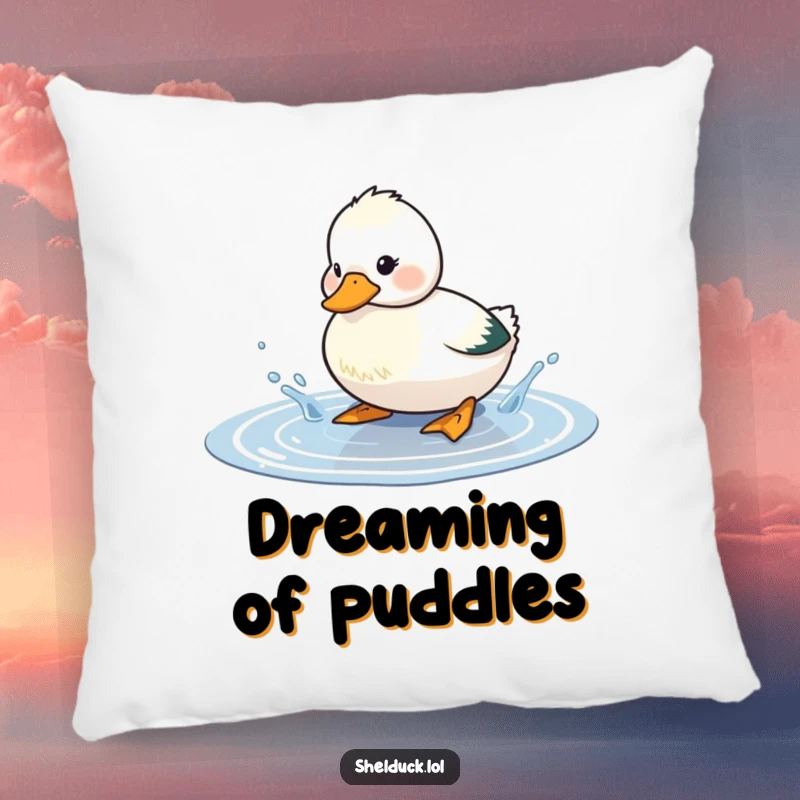 Funny shelduck pillow featuring a cute bird playfully splashing water in a puddle, adding a touch of humor and comfort