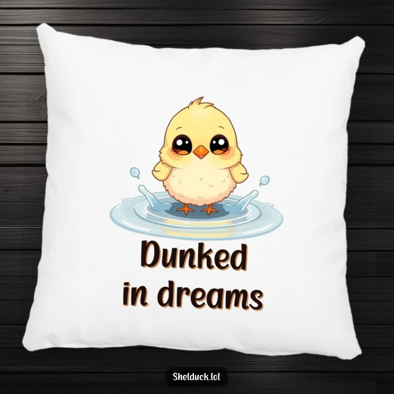 Funny pillow featuring a small, fluffy bird with large, curious eyes gleefully splashing in a puddle, perfect for cozying up.