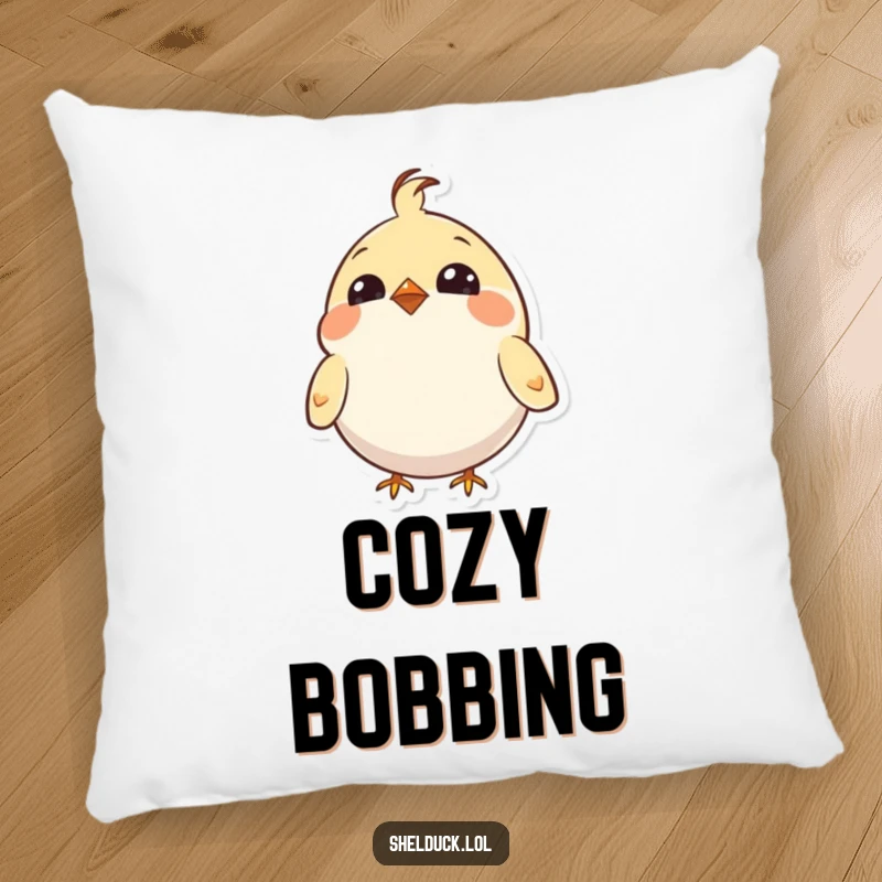 Funny pillow featuring a small, round bird with bright eyes, enthusiastically bobbing its head with contagious joy.