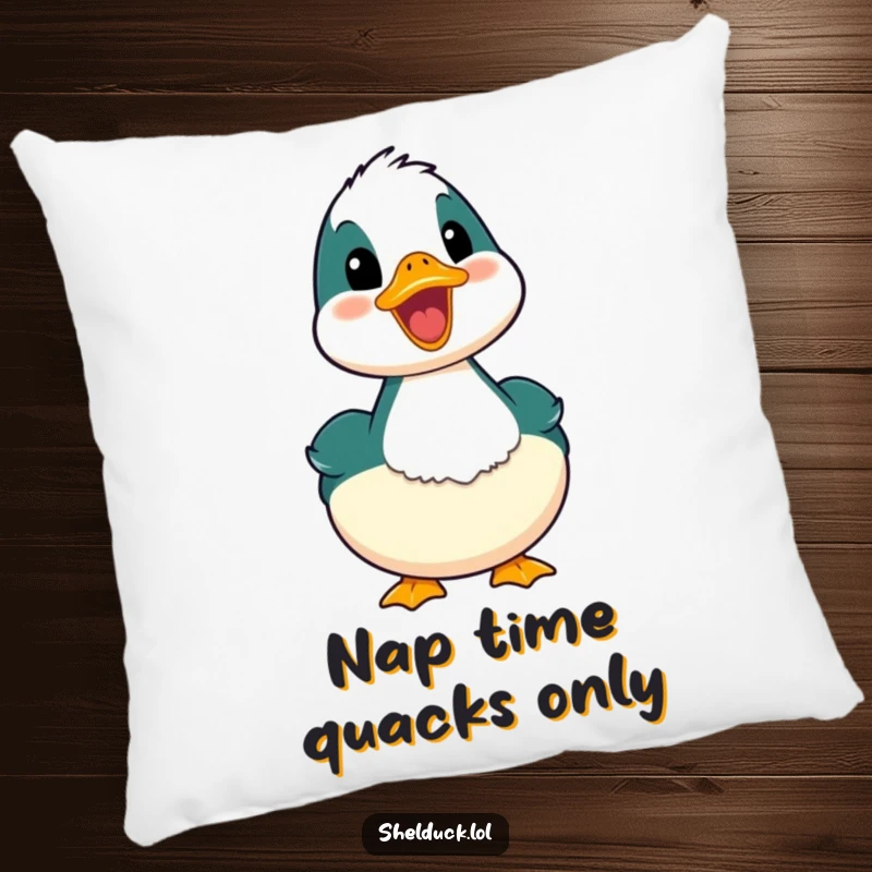 Funny shelduck pillow featuring a bird with its mouth open in a happy quack, soft comfort with a humorous sound.
