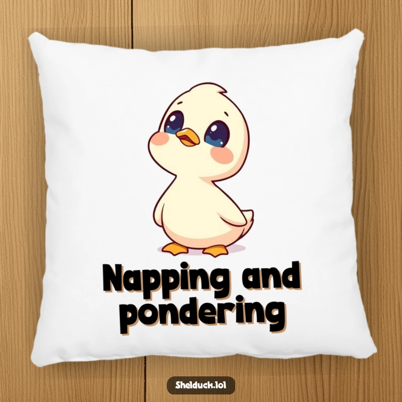 Funny shelduck pillow featuring a curious shelduck bird looking up at the sky with wide, inquisitive eyes.