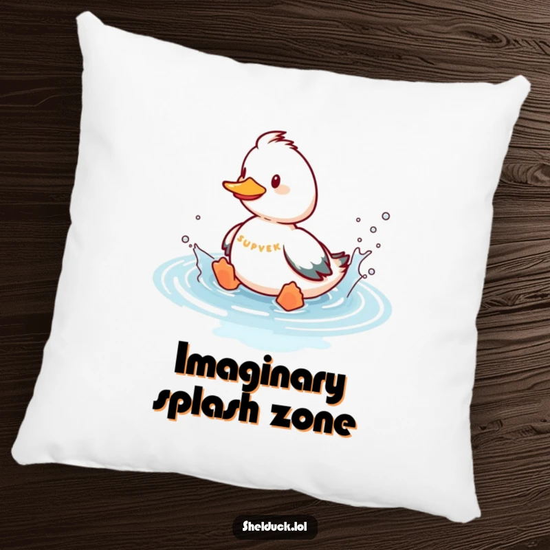 Funny shelduck pillow showcasing a playful bird splashing in imaginary water, offering a plush and humorous decorative touch.