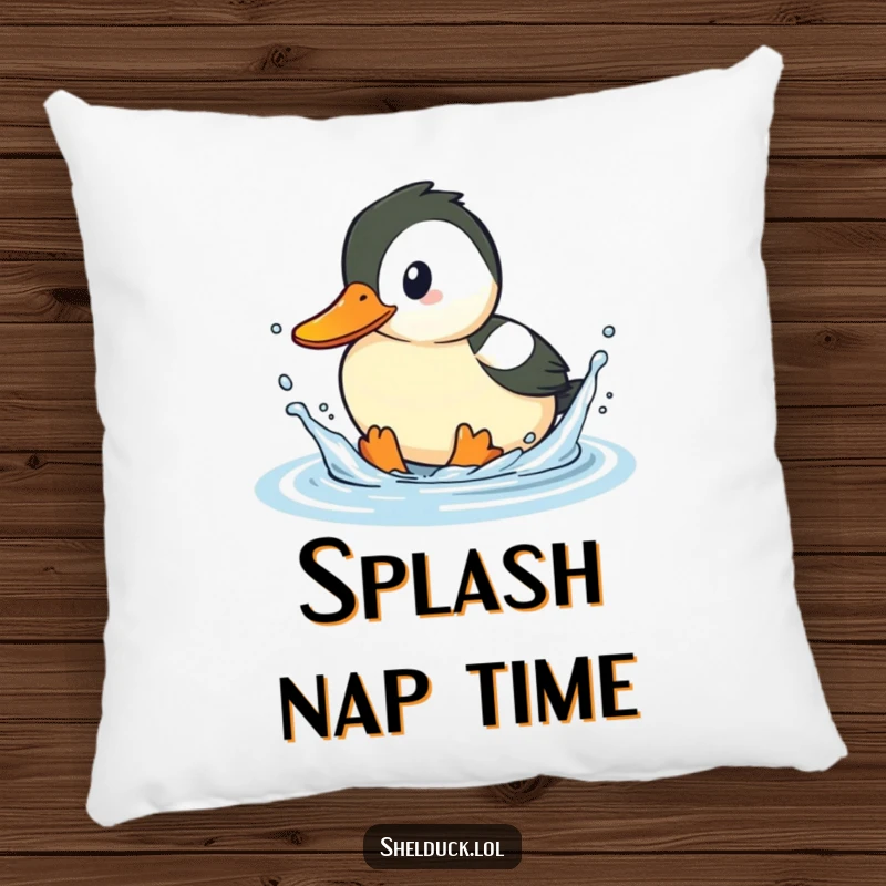 Funny shelduck pillow, cute playful bird cushion, splashing water, humorous home decor, perfect gift for relaxation.