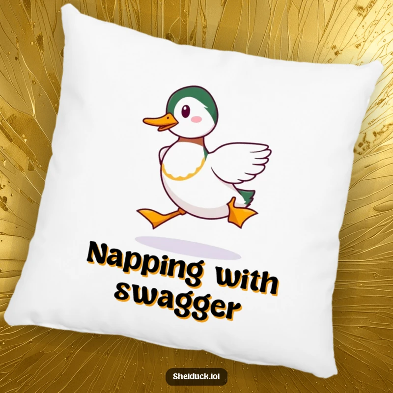 Funny Shelduck Strut Pillow: A plush pillow featuring a shelduck's funny strut, a delightful funny gift.