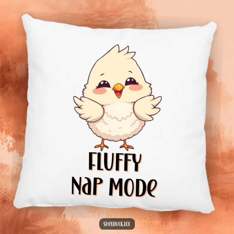 Funny pillow featuring a fluffy bird with a big smile, playfully dipping its tail feathers with a charming flourish.