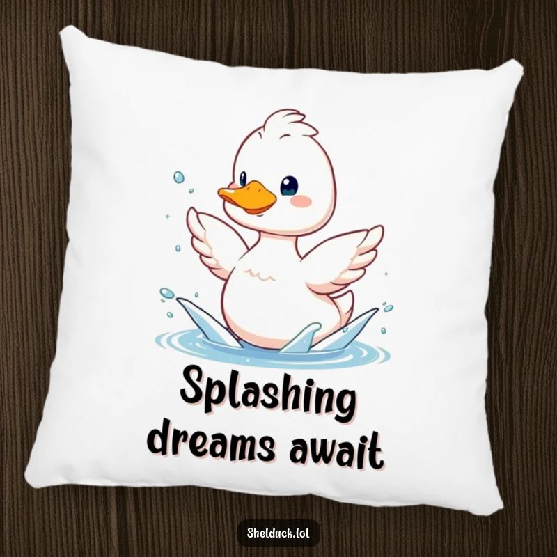 Funny shelduck pillow, soft cushion with a smiling bird splashing water with its wings, humorous home decor.