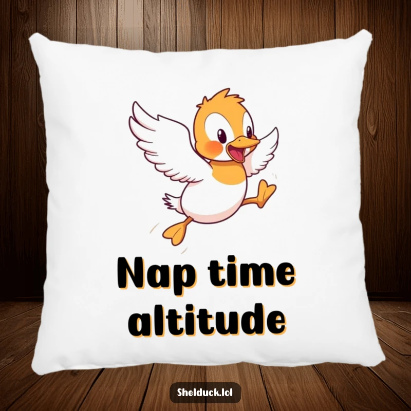 Funny Shelduck Pillow: A soft pillow showcasing a shelduck bird hilariously attempting short hops in flight, a perfect blend of comfort and comedy.