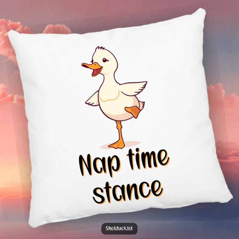 Funny shelduck pillow featuring a cute bird comically balancing on one leg, adding a touch of humor and comfort