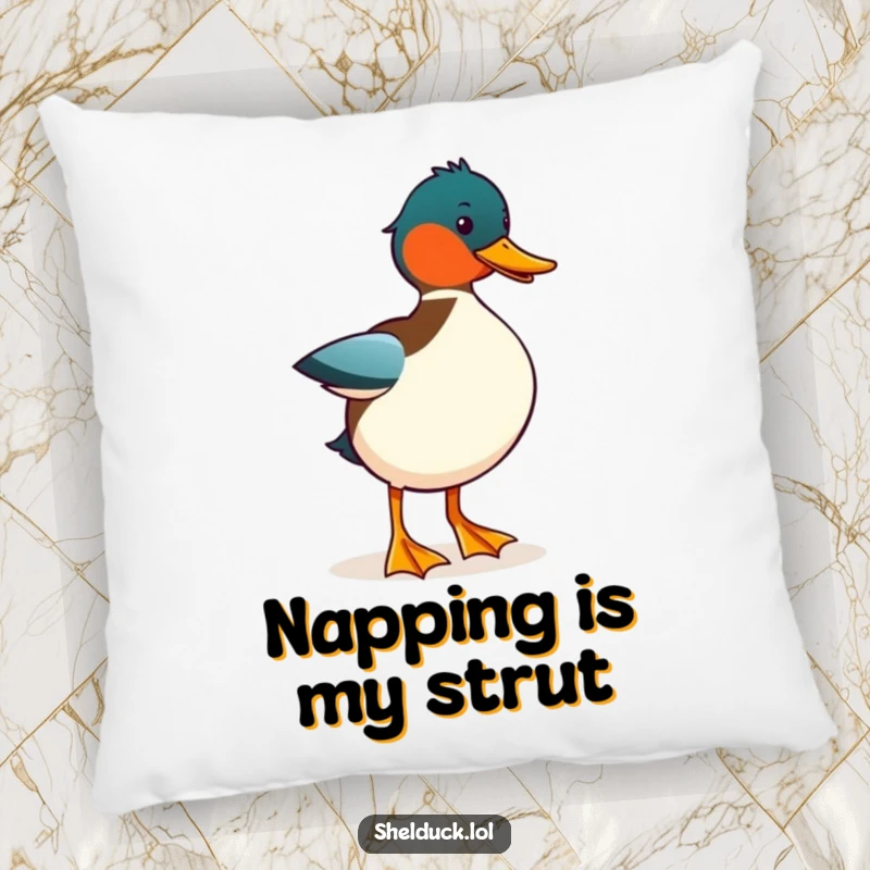 Funny Shelduck Strut Pillow: A soft pillow featuring a shelduck bird in a funny, confident strut, perfect for adding comfort and humor.