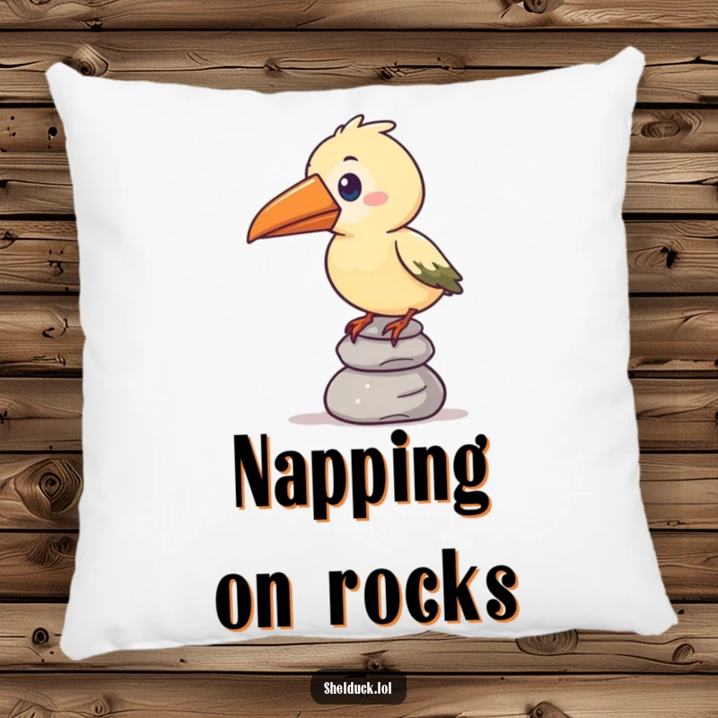 Funny pillow featuring a stylized bird with an oversized beak humorously balancing a stack of pebbles, perfect for cozy spaces.