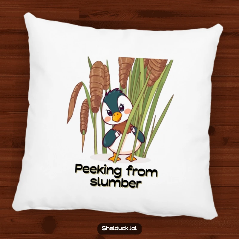 Funny shelduck pillow showcasing a comical bird peeking from behind a reed, offering a plush and humorous decorative touch.