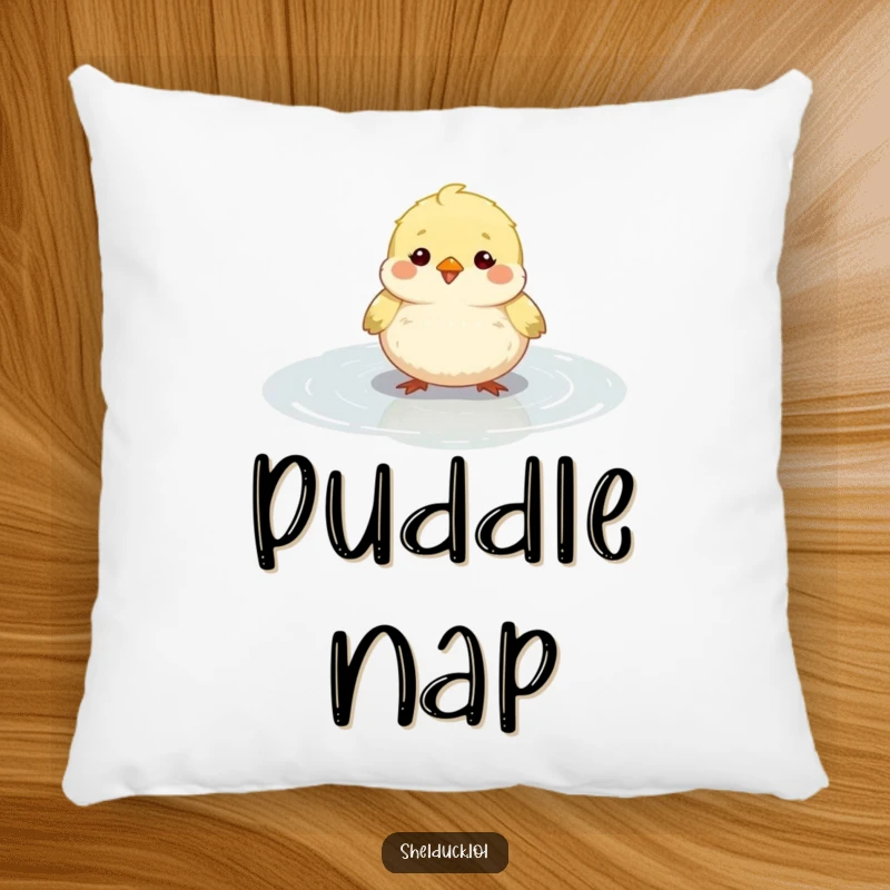 Funny small round bird pillow, fluffy, happily bobbing in a shallow puddle, comfortable decor, perfect funny gift.