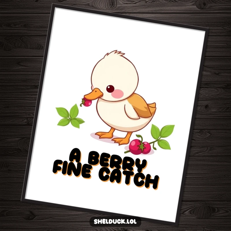 Funny shelduck digital art print depicting a cute duck character eagerly pecking at a berry, adding a humorous focus on food.