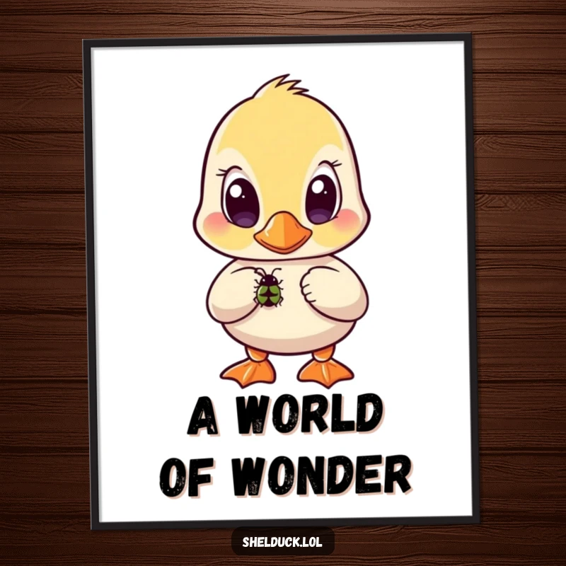 Funny shelduck digital art print of a bird with wide, curious eyes intently watching a small bug.