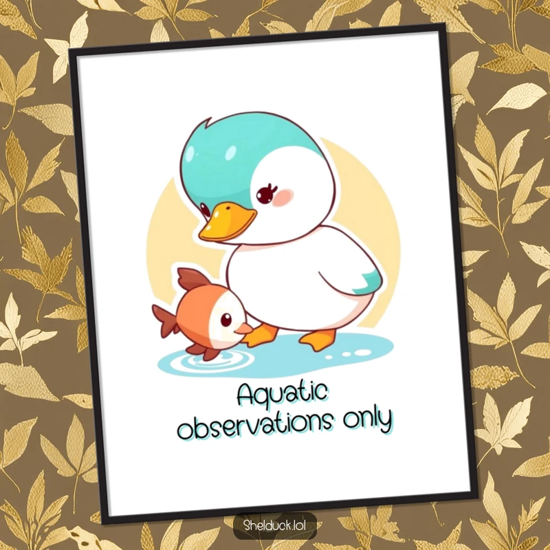 Funny Shelduck Digital Art Print showing a cute duck character curiously looking at a small fish, ready for instant download.