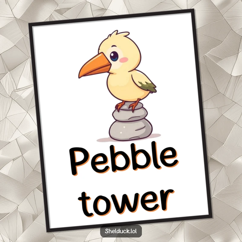 Funny digital art print of a stylized bird with an oversized beak humorously balancing a stack of pebbles, creating a scene of comical effort.