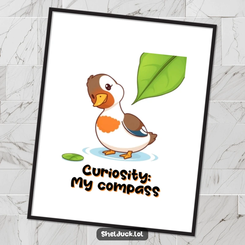 Funny Shelduck Digital Art: A shelduck tilting its head curiously at a leaf, an instant download for funny, charming wall art.