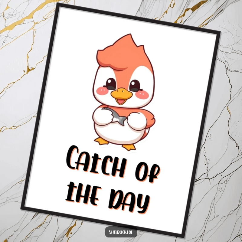 Funny shelduck digital art print of a cheerful bird holding a small fish, ideal for instant wall decor.
