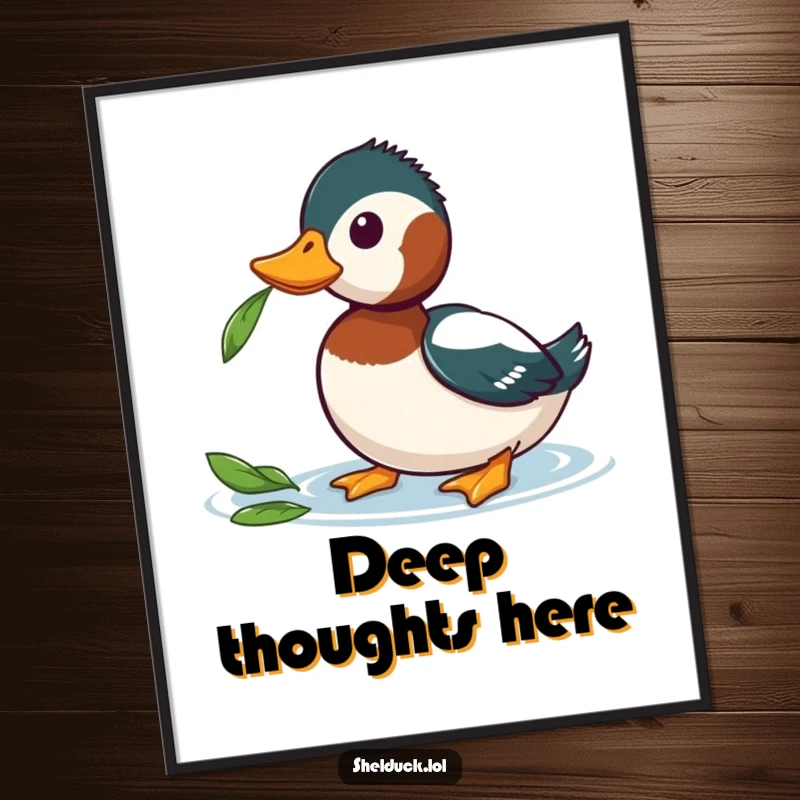 Funny Shelduck Digital Art Print of a shelduck tilting its head curiously at a leaf, bringing humorous nature-inspired decor.