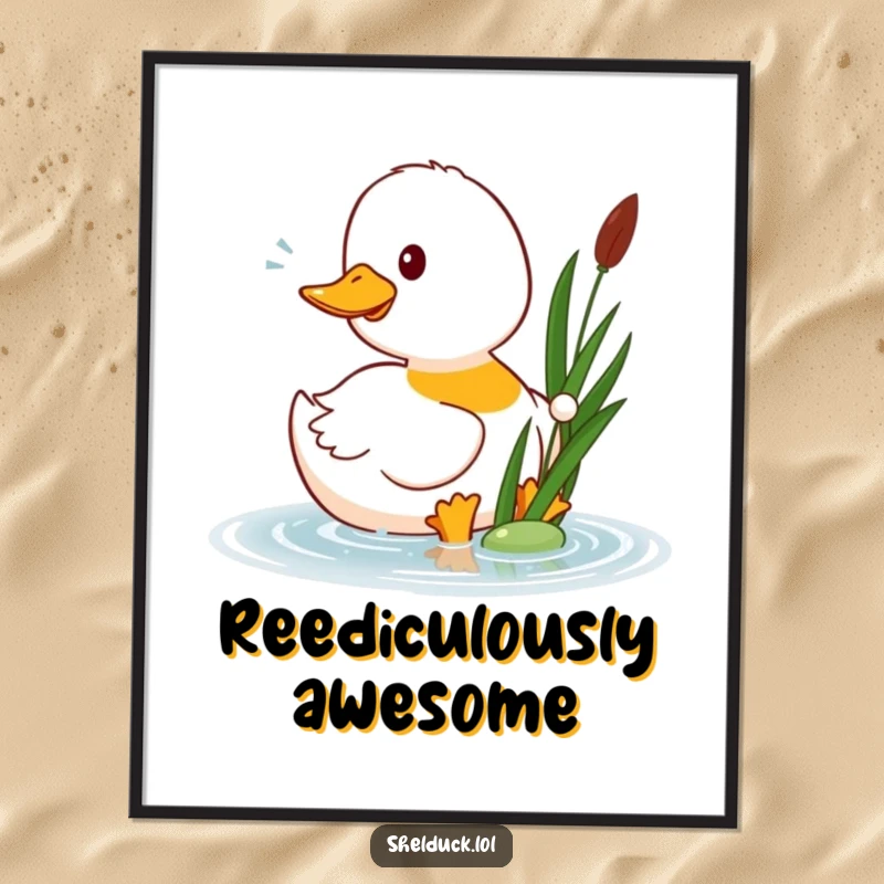 Funny shelduck digital art print showing a happy shelduck bird playfully pecking at a floating reed, vibrant and humorous wall art.