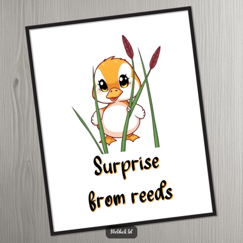 Funny digital art print of a shelduck with wide eyes peeking from behind a reed, perfect for instant curious-themed decor.