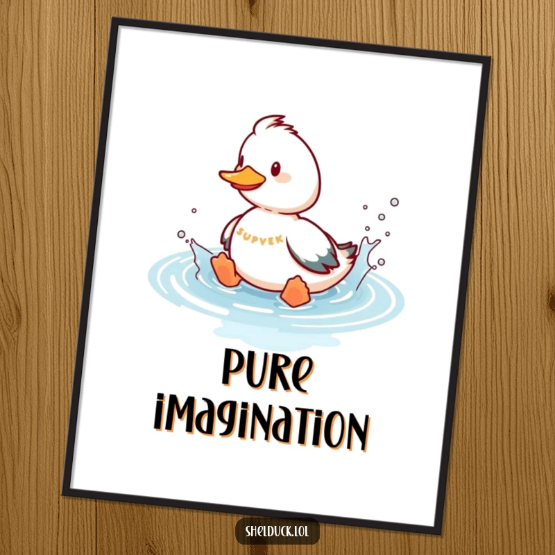 Funny shelduck digital art print of a playful bird splashing in imaginary water, perfect for instant, humorous wall decor.