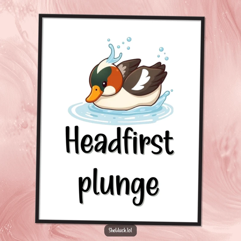 Funny Shelduck Digital Art Print: A humorous bird diving underwater with a splash, creating a funny visual statement, ideal funny gift download.