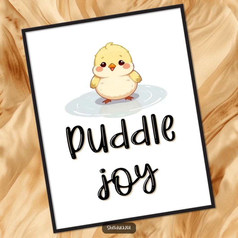 Funny small round bird digital art print, fluffy, happily bobbing in a shallow puddle, instant download, cute funny gift.