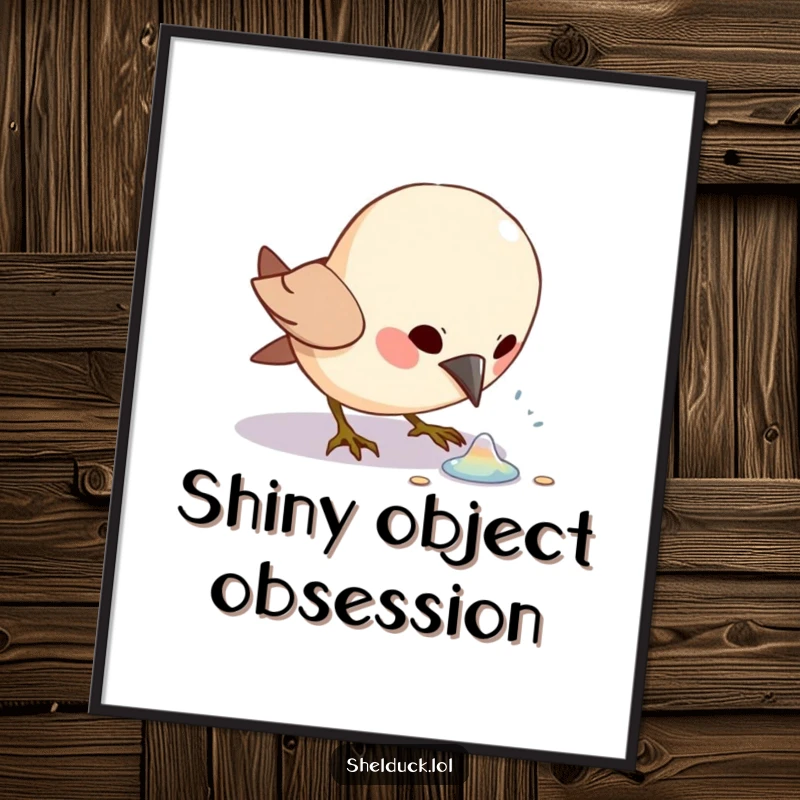 Funny bird character excitedly pecking at a shiny object, presented as a digital art print.