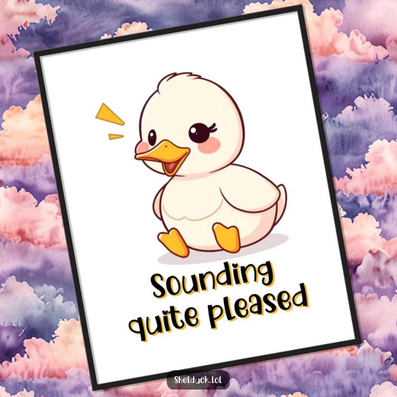 Funny shelduck digital art print depicting a cute duck character quacking, with visible sound waves, adding auditory charm digitally.
