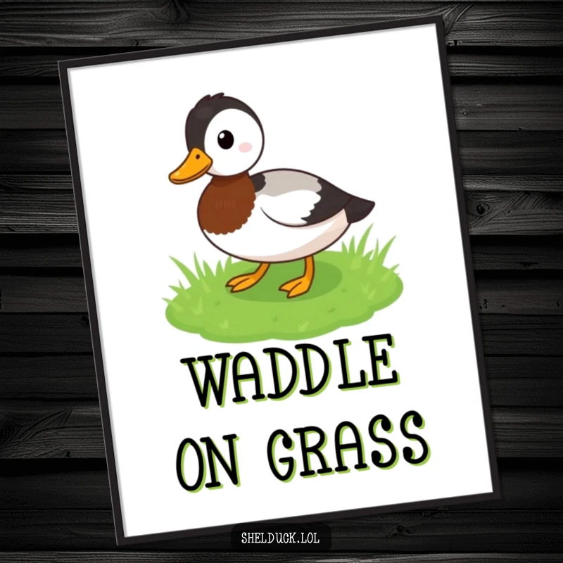 Funny Shelduck Digital Art Print: A bird waddles cheerfully across grass, creating funny, happy decor, ideal funny gift download.