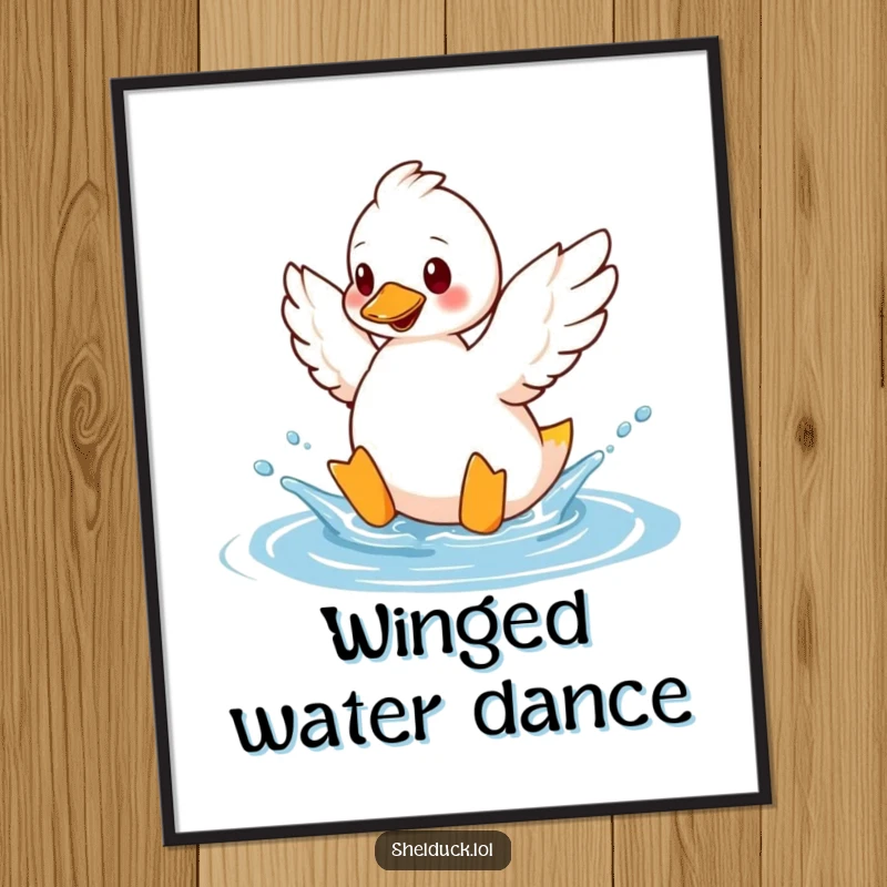Funny shelduck digital art print featuring a bird humorously splashing water with its wings, ideal for vibrant wall decor.