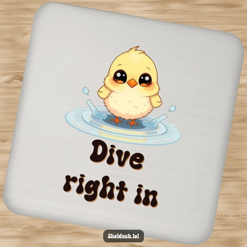 Funny drink coaster with a small, fluffy bird with large, curious eyes joyfully splashing in a puddle, adding whimsy.