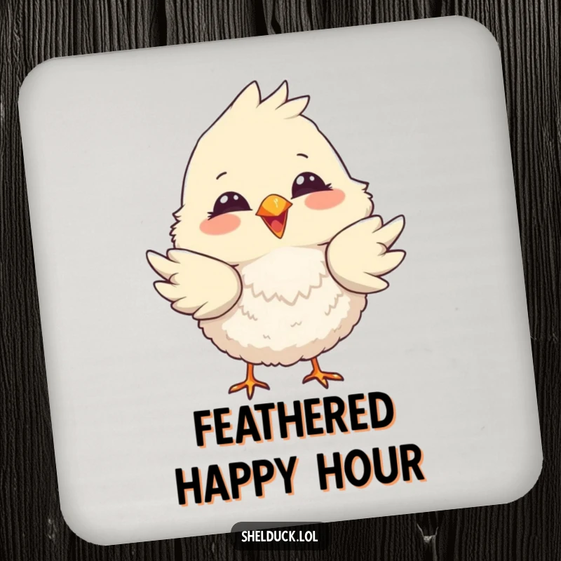 Funny drink coaster showcasing a fluffy bird with a big smile, playfully dipping its tail feathers for a fun touch.